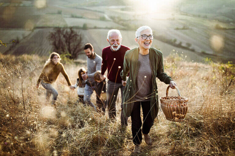 SIMONSAYS DIGITAL AGENCY Family hiking together in a sunlit field, collecting wildflowers in a wicker basket.