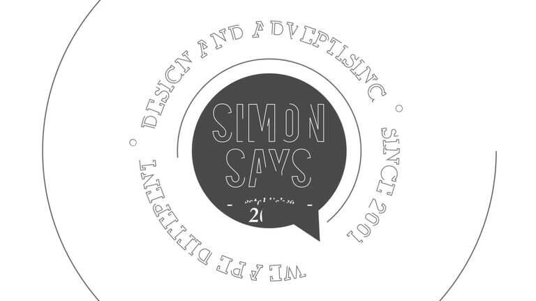 SIMONSAYS DIGITAL AGENCY branding logo with text detailing "Design and Advertising Since 2001" and speech bubble design.
