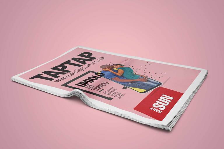 SIMONSAYS DIGITAL AGENCY Daily Sun newspaper featuring vibrant ad for Taptap with couple embracing over smartphone.